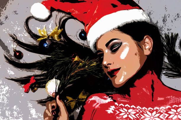 插图。一个漂亮的黑发女人，画着艺术的妆容，戴着圣诞老人的帽子图片下载