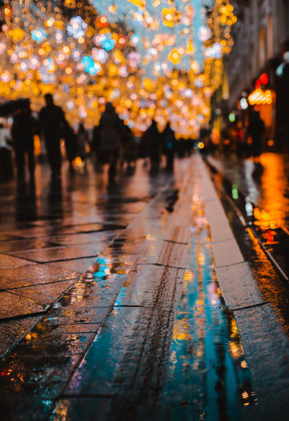 一个大城市的雨夜，灯光反射在潮湿的路面上。图片下载