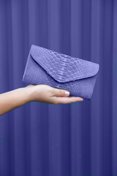 紫罗兰色背景下拿着蟒蛇钱包的女人。图片下载