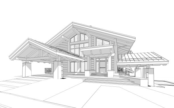 现代舒适的小屋的三维渲染黑色线条在白色的背景图片下载