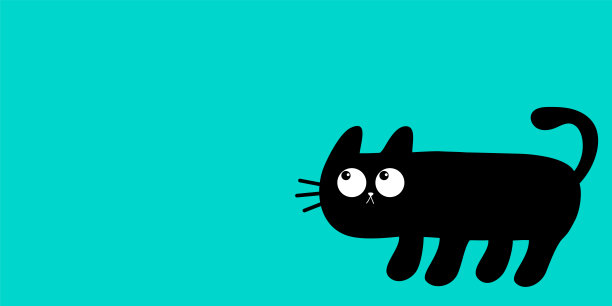 可爱的猫。可爱的卡通宝宝宠物。小黑猫抬头望着。万圣节快乐。贺卡印刷。旗帜模板。平面设计。蓝色背景。孤立。图片下载