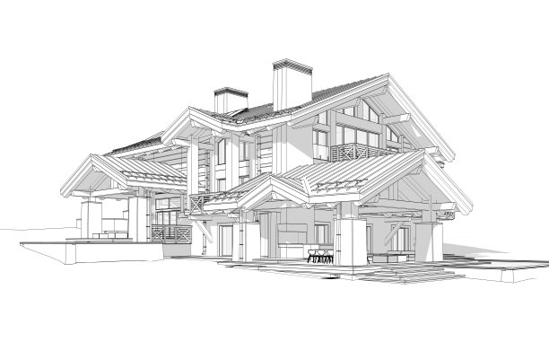 现代舒适的小屋的三维渲染黑色线条在白色的背景图片下载