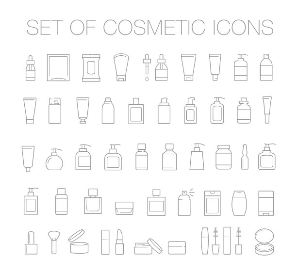 一组可编辑的大纲图标。一组用于化妆品包装的图标。图片下载