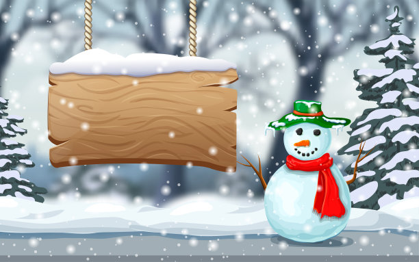 冬季节日贺卡或横幅与木制招牌，可爱的雪人和松树在模糊的森林背景。矢量插图的圣诞节雪景与空白的标志，雪人，降雪。图片下载