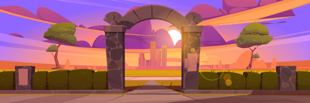 公园日落景观，石拱入口图片下载