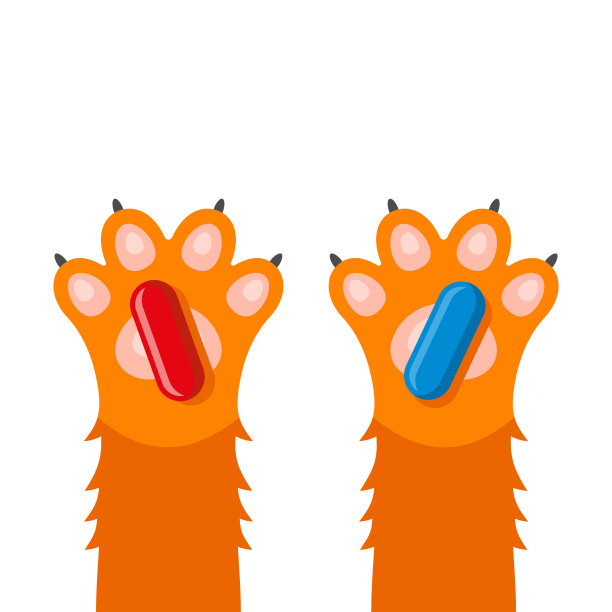 可爱的猫爪红色和蓝色药丸。向量图片下载