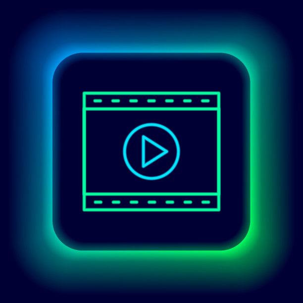 发光的霓虹灯线在线播放视频图标孤立在黑色的背景。带游戏标志的胶片带子。色彩斑斓的轮廓的概念。向量图片下载