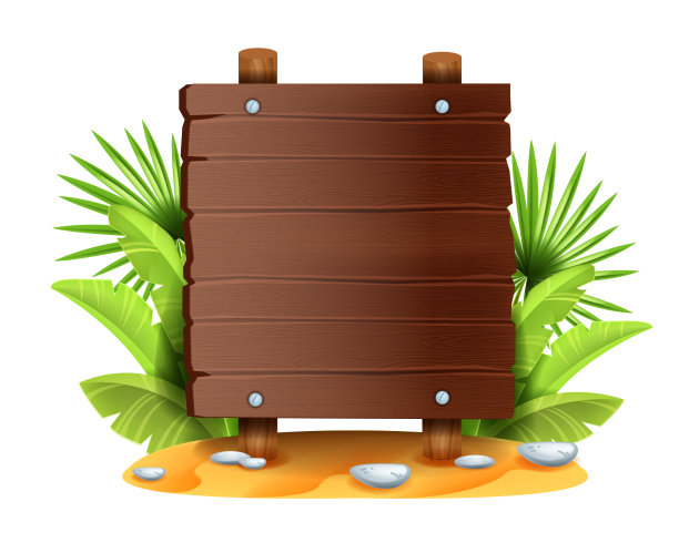 丛林木制招牌，异国情调的树叶，矢量热带森林游戏菜单面板框架。图片下载