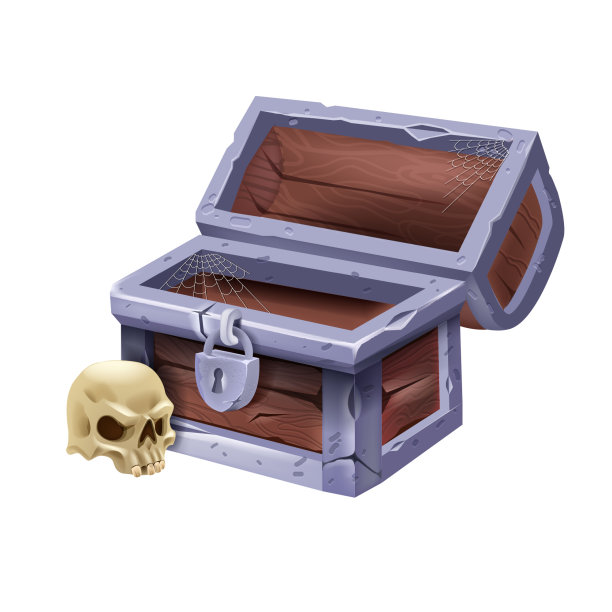 空木箱，矢量打开海盗老箱子，海盗头骨，铁锁，UI失去徽章白色。图片下载