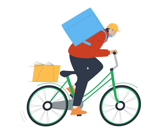 一个男人骑着一辆自行车，背上背着一个大袋子。这个人是一名快递员。订单的运输和交付。图片下载