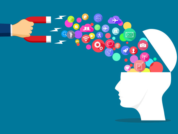 磁铁在人脑中吸引信息。信息检索的概念图片下载