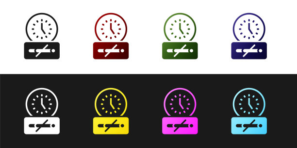 设置无吸烟时间图标孤立于黑白背景。禁止吸烟标志。向量图片下载