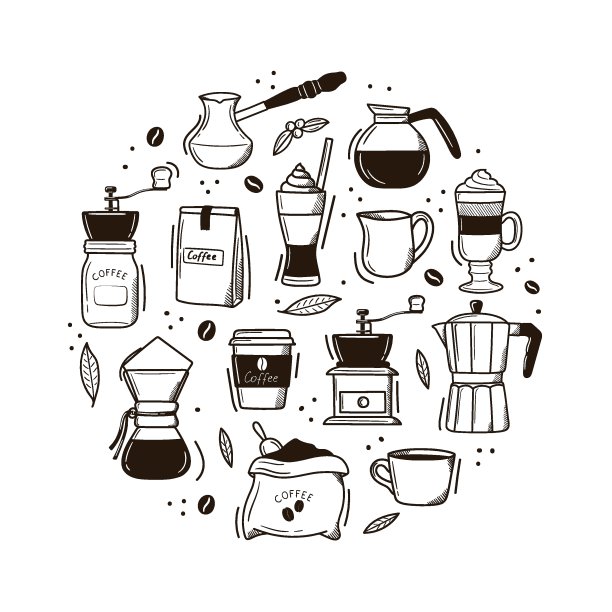 咖啡具，各种咖啡机，白色背景。涂鸦素描风格。向量插图的咖啡馆，咖啡馆。可爱的卡通图片。图片下载