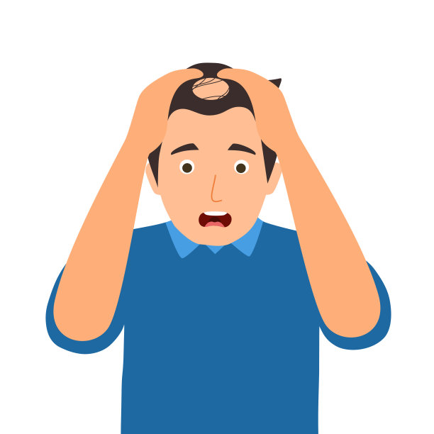 年轻人担心他的脱发问题在平面设计的白色背景。光头看着镜子时心烦意乱。图片下载