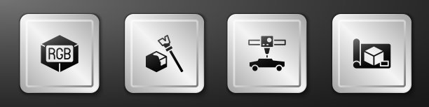 设置RGB和CMYK颜色混合，等距立方体，3D打印机车和图形纸的工程图标。银广场按钮。向量图片下载