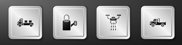 设置皮卡车，洒水罐，智能农场与无人机和图标。银广场按钮。向量图片下载