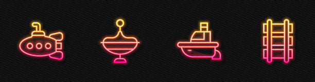 玩具船，潜艇玩具，旋转木马和铁路。发光的霓虹灯图标。向量图片下载
