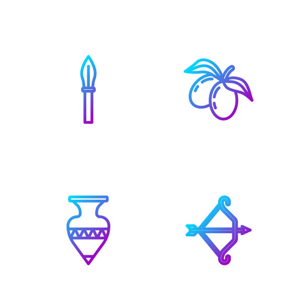 设置线中世纪弓与箭，古代双耳罐，矛和橄榄枝。渐变颜色图标。向量图片下载