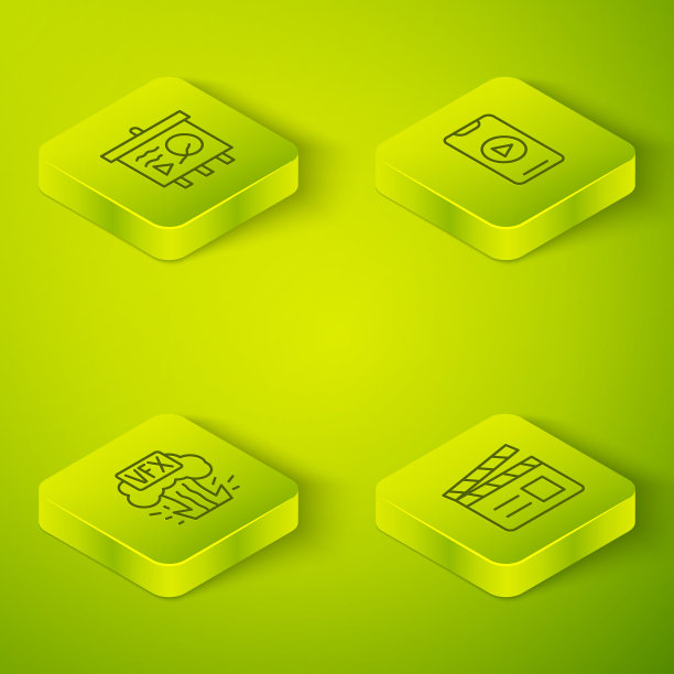 设置等距线在线播放视频，视觉特效，电影剪辑器和场景黑板图标。向量图片下载