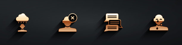 抑郁和沮丧、心理学中的问题解决方案、在线心理咨询和眼泪哭泣眼睛图标设置，带有长阴影。矢量图片下载