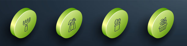 设置等距线花园耙，植物站，仙人掌仙人掌仙人掌仙人掌在花盆和室内植物常春藤图标。向量图片下载