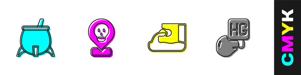 设置女巫坩埚，放射性的位置，废水和汞滴图标。向量图片下载