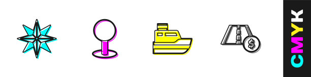 设置风玫瑰，推杆，船舶路线和收费道路交通标志图标。向量图片下载