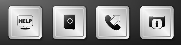 设置语音气泡与文本帮助，用户手册，电话24小时支持和监控FAQ信息图标。银广场按钮。向量图片下载