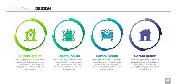 设置没有房子，徒步旅行背包，寻找食物和房地产。业务信息模板。向量图片下载