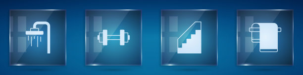 设置淋浴，哑铃，楼梯和毛巾衣架。方形玻璃面板。向量图片下载