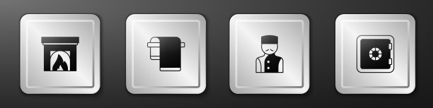 设置室内壁炉，毛巾衣架上，礼宾和安全图标。银广场按钮。向量图片下载