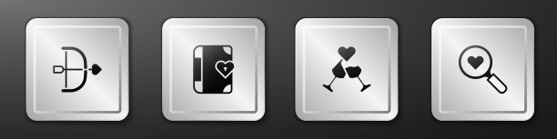 设置弓箭，爱情日记，香槟和搜索心的爱情图标。银广场按钮。向量图片下载
