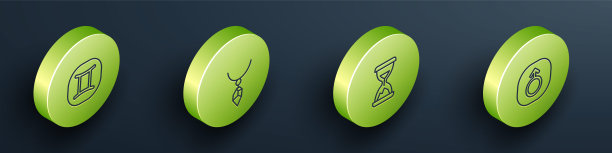 设置等距线双子座星座，项链与水晶，旧沙漏沙子和火星图标。向量图片下载