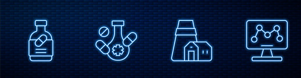 集线电站，药瓶和药丸，基因工程。发光的霓虹灯图标在砖墙上。向量图片下载