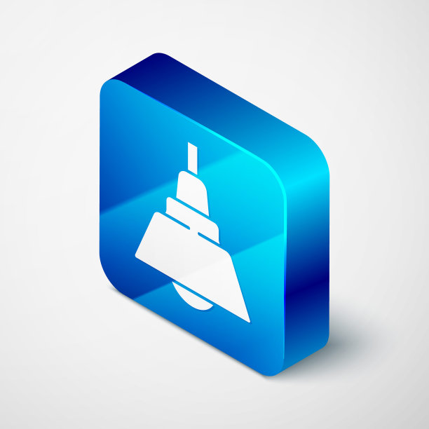 等距吊灯图标孤立的灰色背景。蓝色方块按钮。向量图片下载