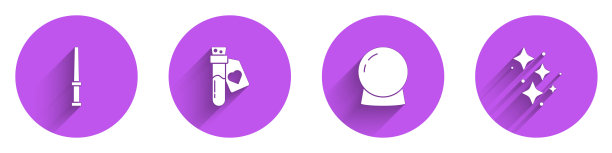 设置魔术棒，瓶子与爱情药水，球和闪亮的星星魔法图标与长影子。向量图片下载