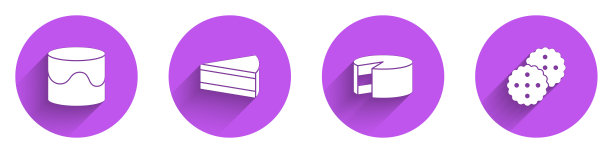 设置蛋糕，一块蛋糕，饼干或饼干图标与长影子。向量图片下载