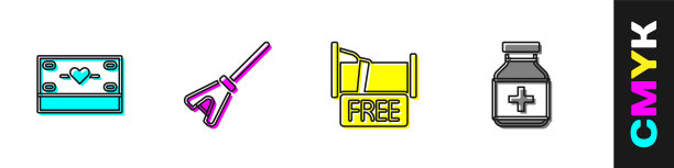 设置捐赠和慈善，拖把，免费过夜的房子和药瓶药丸图标。向量图片下载