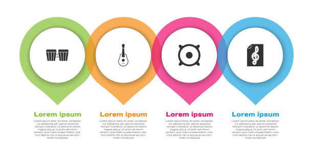 设置鼓，吉他，立体声扬声器和高音谱号。业务信息模板。向量图片下载