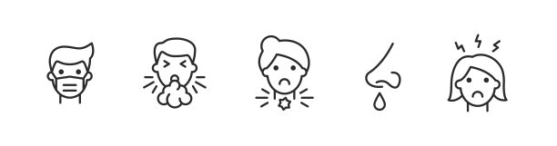 流感、感冒。一套5个流感图标，包括口罩图标和4个流感症状，咳嗽、喉咙痛、鼻塞、头痛图标。矢量图图片下载