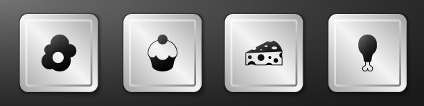 设置炒鸡蛋，松饼，奶酪和鸡腿图标。银广场按钮。向量图片下载