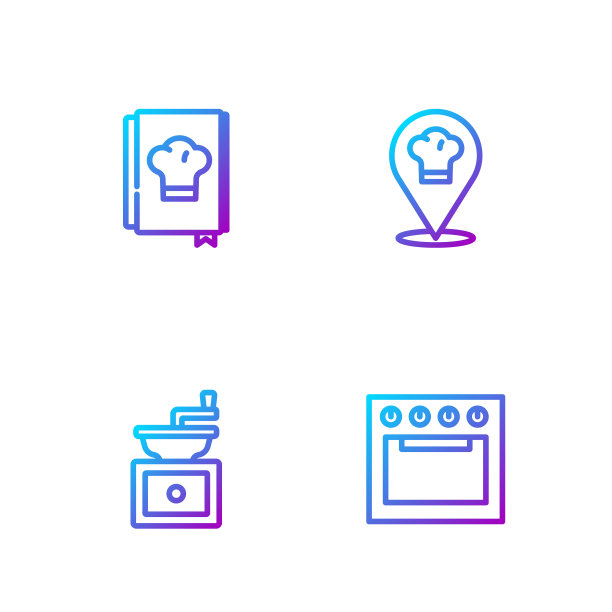 设置线烤箱，手动咖啡研磨机，烹饪书和厨师帽的位置。渐变颜色图标。向量图片下载