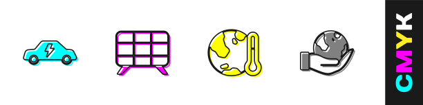 设置电动汽车，太阳能电池板，地球融化全球变暖和手握全球图标。向量图片下载