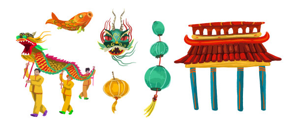 一套中国新年插图。龙、鱼和灯笼图片下载