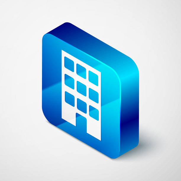 等距房屋图标孤立在灰色背景。家的象征。蓝色方块按钮。向量图片下载