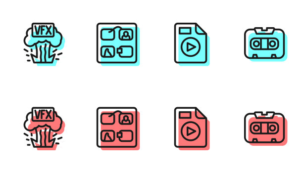 设置行AVI文件文档，VFX，故事板和复古磁带图标。向量图片下载