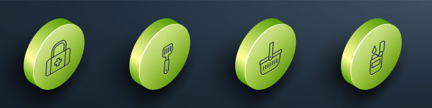 设置等距线急救箱，抹刀，野餐篮子和打火机图标。向量图片下载