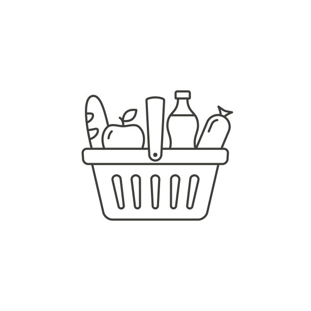 篮带食品图标，杂货店购物，矢量线孤立符号，平面设计图片下载