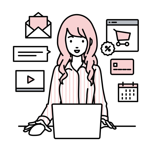 穿着衬衫的女士用笔记本电脑浏览网站、进行数字营销、支付、管理网店、为顾客提供服务图片下载