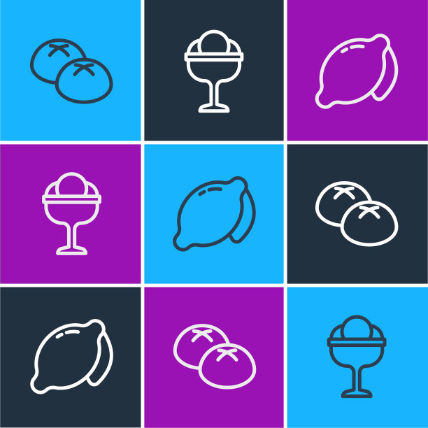 设置线面包面包，柠檬和冰淇淋的碗图标。向量图片下载